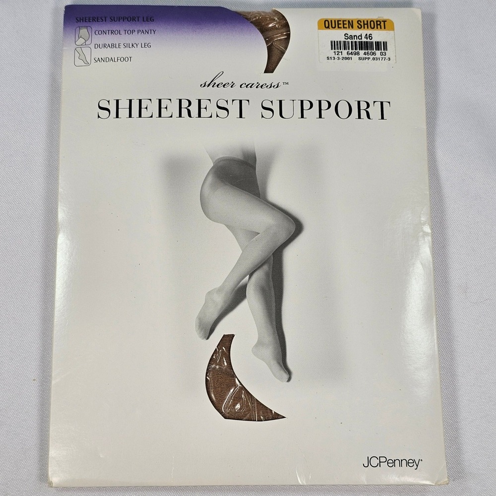 Vintage Sheer Caress Sheerest‎ Support Queen Short Sand 46 Pantyhose Control Top